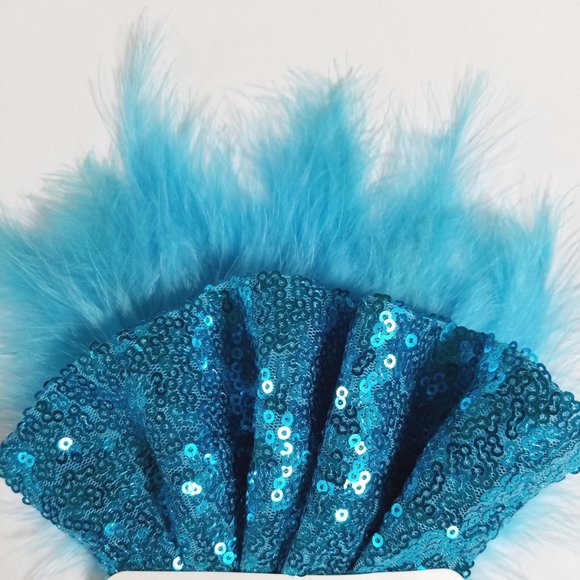 NEW Turquoise Blue Sequin Ruffle & Feather Pocket Square Insert - Picture 3 of 7